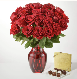 24 ROSES WITH RED VASE AN..