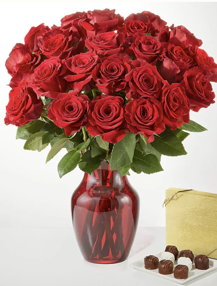 24 ROSES WITH RED VASE AN..